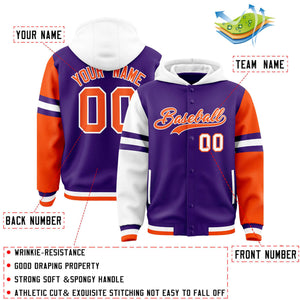 Custom Purple White-Orange Raglan Sleeves Varsity Full-Snap Letterman Three Stripes Hoodie Jacket