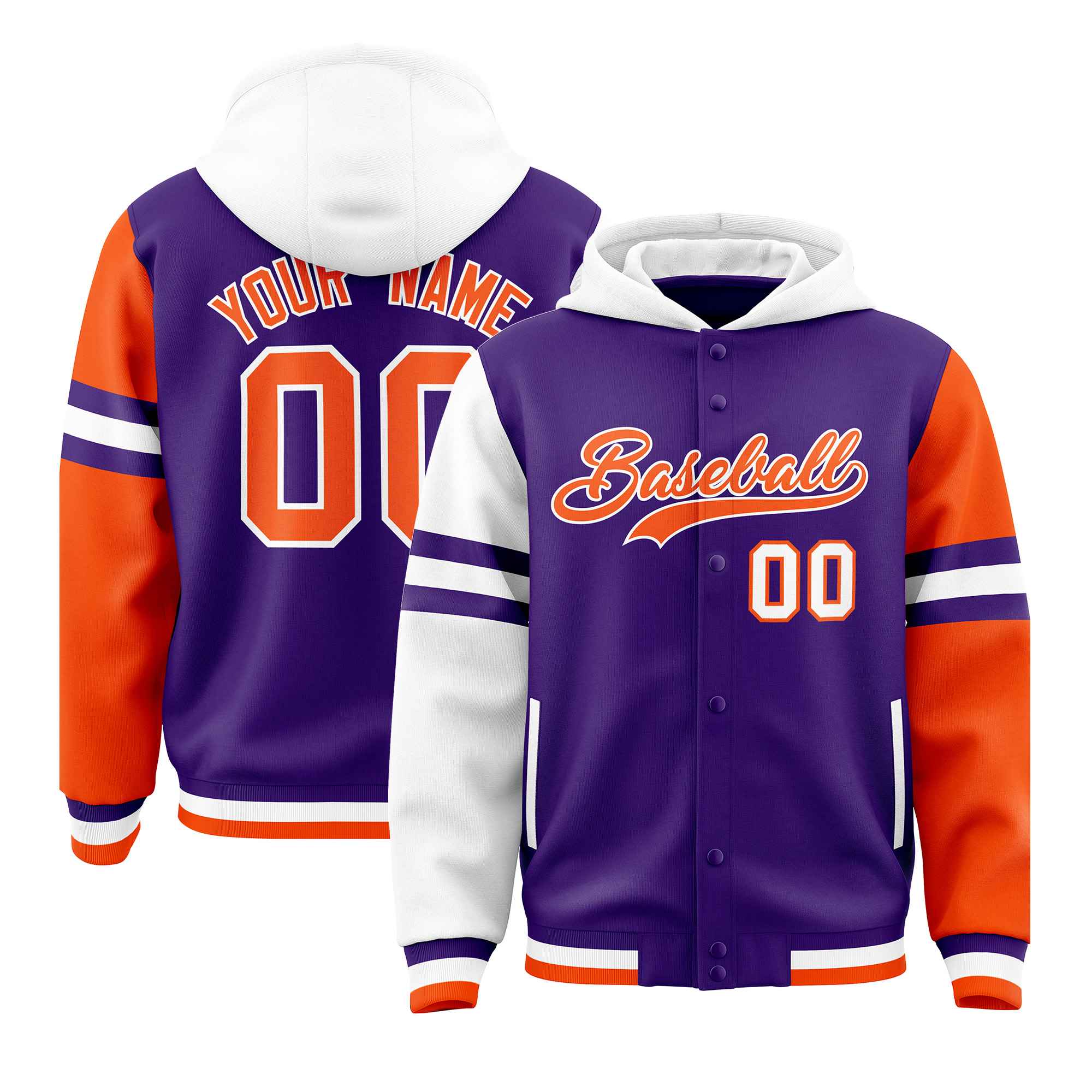 Custom Purple White-Orange Raglan Sleeves Varsity Full-Snap Letterman Three Stripes Hoodie Jacket