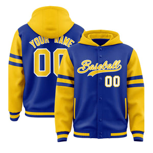 Custom Royal Gold Raglan Sleeves Varsity Full-Snap Letterman Three Stripes Hoodie Jacket