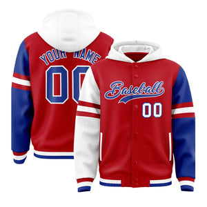 Custom Red White-Royal Raglan Sleeves Varsity Full-Snap Letterman Three Stripes Hoodie Jacket