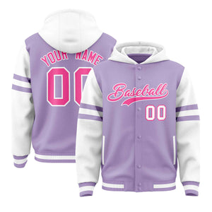 Custom Light Purple White Raglan Sleeves Varsity Full-Snap Letterman Three Stripes Hoodie Jacket