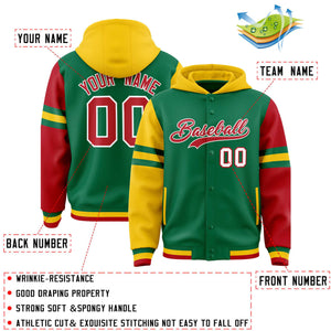 Custom Kelly Green Gold-Red Raglan Sleeves Varsity Full-Snap Letterman Three Stripes Hoodie Jacket