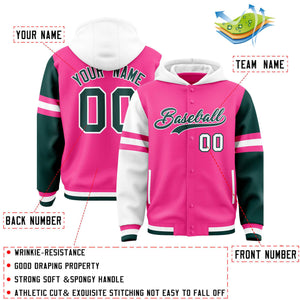 Custom Pink White-Midnight Green Raglan Sleeves Varsity Full-Snap Letterman Three Stripes Hoodie Jacket