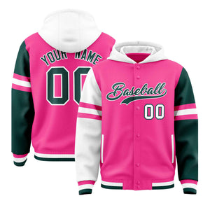 Custom Pink White-Midnight Green Raglan Sleeves Varsity Full-Snap Letterman Three Stripes Hoodie Jacket