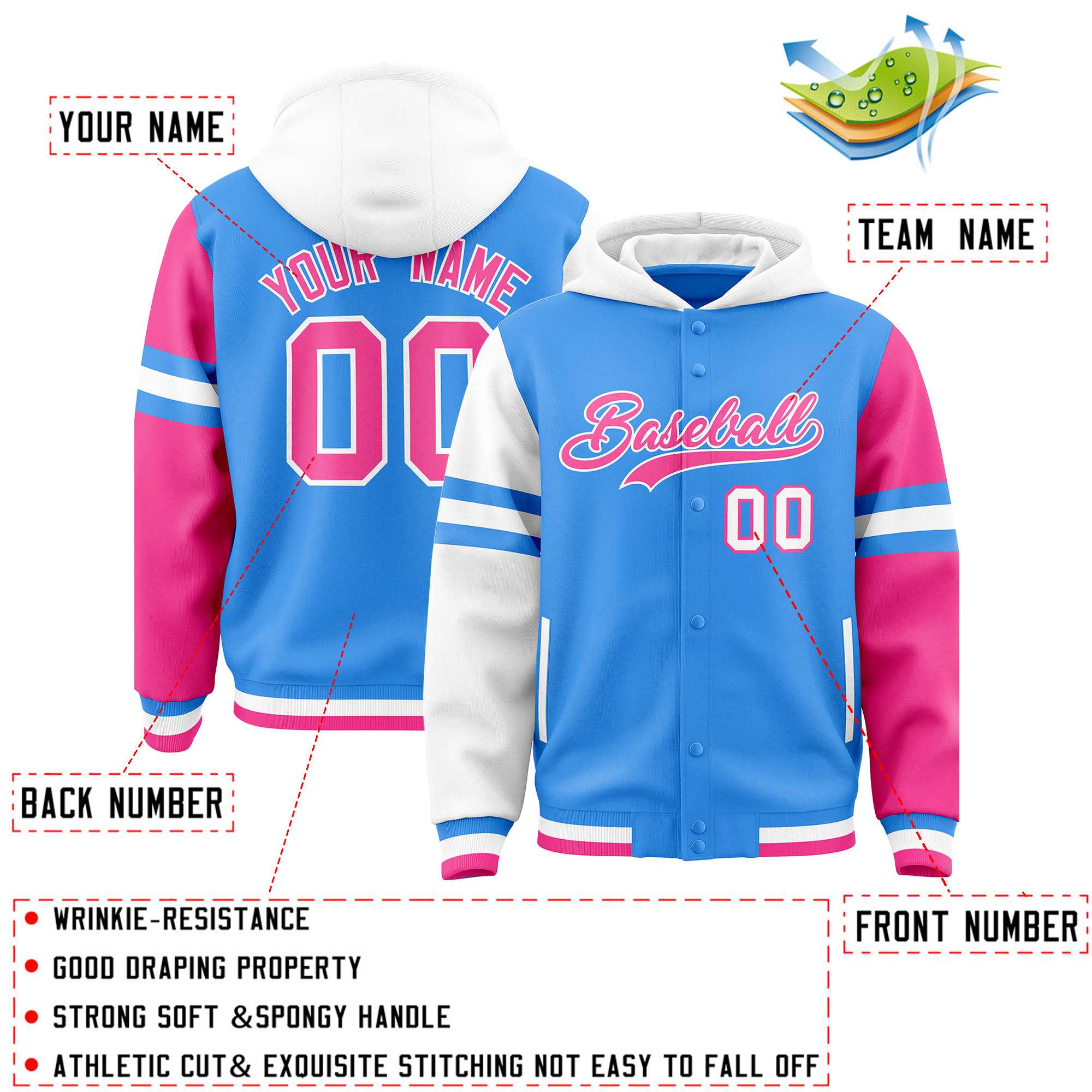 Custom Powder Blue White-Pink Raglan Sleeves Varsity Full-Snap Letterman Three Stripes Hoodie Jacket