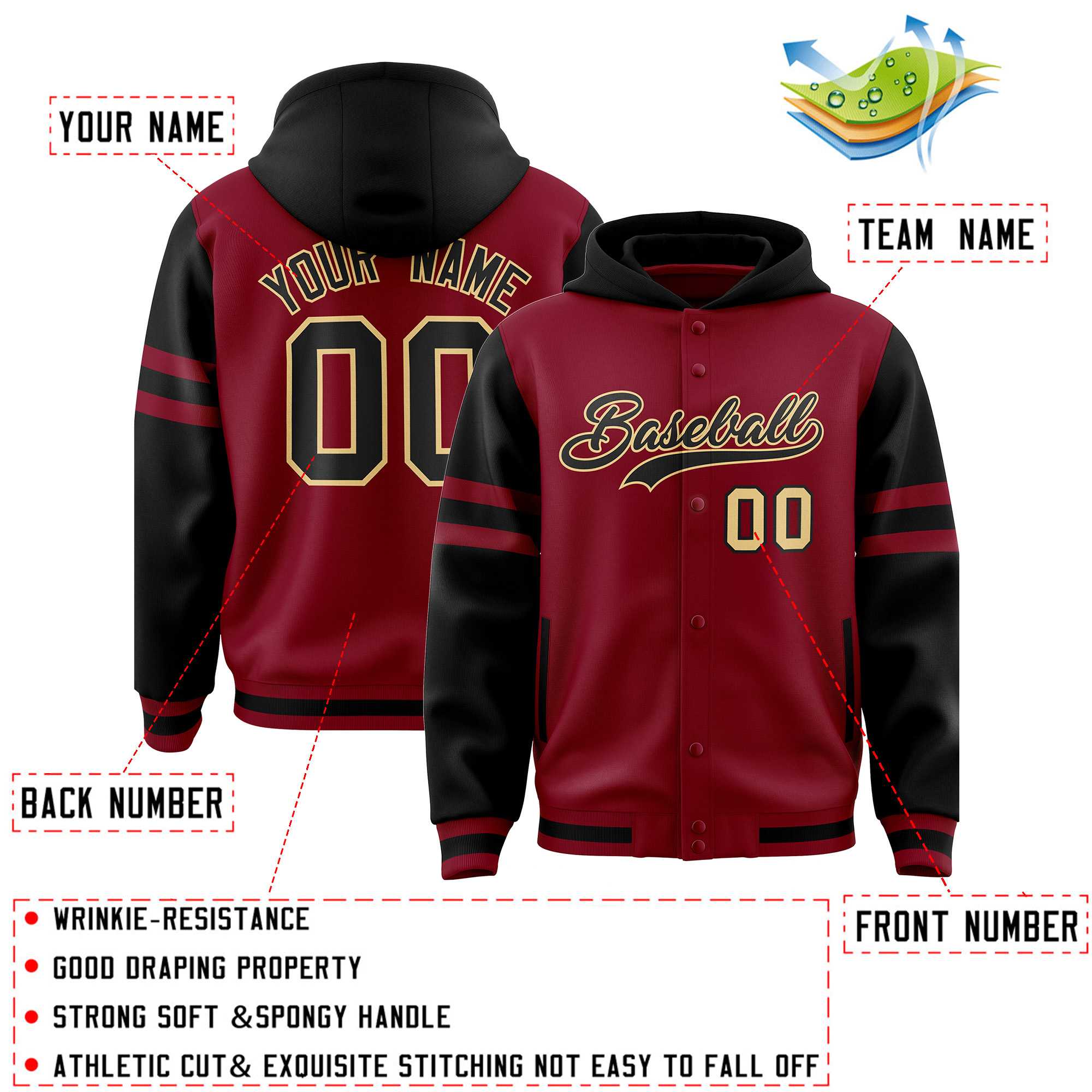 Custom Crimson Black Raglan Sleeves Varsity Full-Snap Letterman Three Stripes Hoodie Jacket