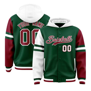 Custom Green White-Crimson Raglan Sleeves Varsity Full-Snap Letterman Three Stripes Hoodie Jacket