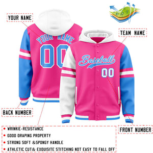 Custom Pink White-Powder Blue Raglan Sleeves Varsity Full-Snap Letterman Three Stripes Hoodie Jacket