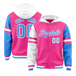 Custom Pink White-Powder Blue Raglan Sleeves Varsity Full-Snap Letterman Three Stripes Hoodie Jacket