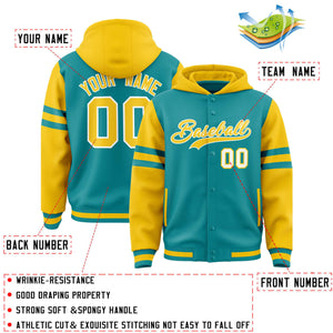 Custom Aqua Gold Raglan Sleeves Varsity Full-Snap Letterman Three Stripes Hoodie Jacket