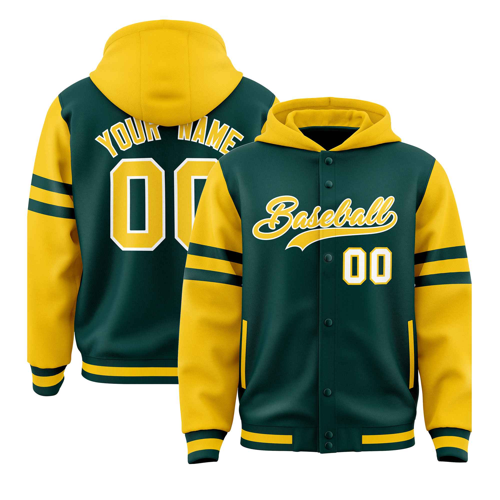 Custom Midnight Green Gold Raglan Sleeves Varsity Full-Snap Letterman Three Stripes Hoodie Jacket