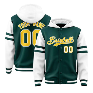 Custom Midnight Green White Raglan Sleeves Varsity Full-Snap Letterman Three Stripes Hoodie Jacket