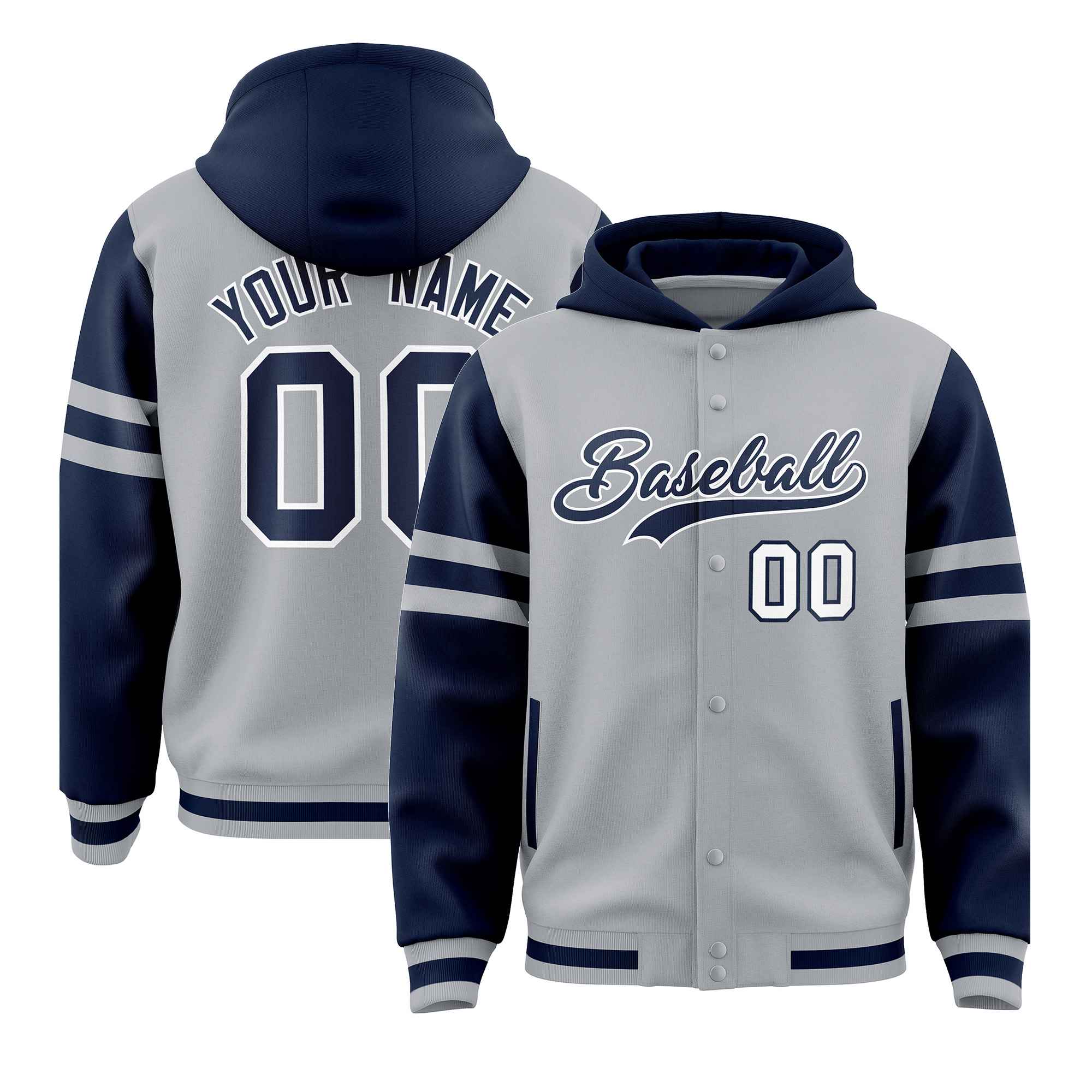 Custom Silver Navy Raglan Sleeves Varsity Full-Snap Letterman Three Stripes Hoodie Jacket