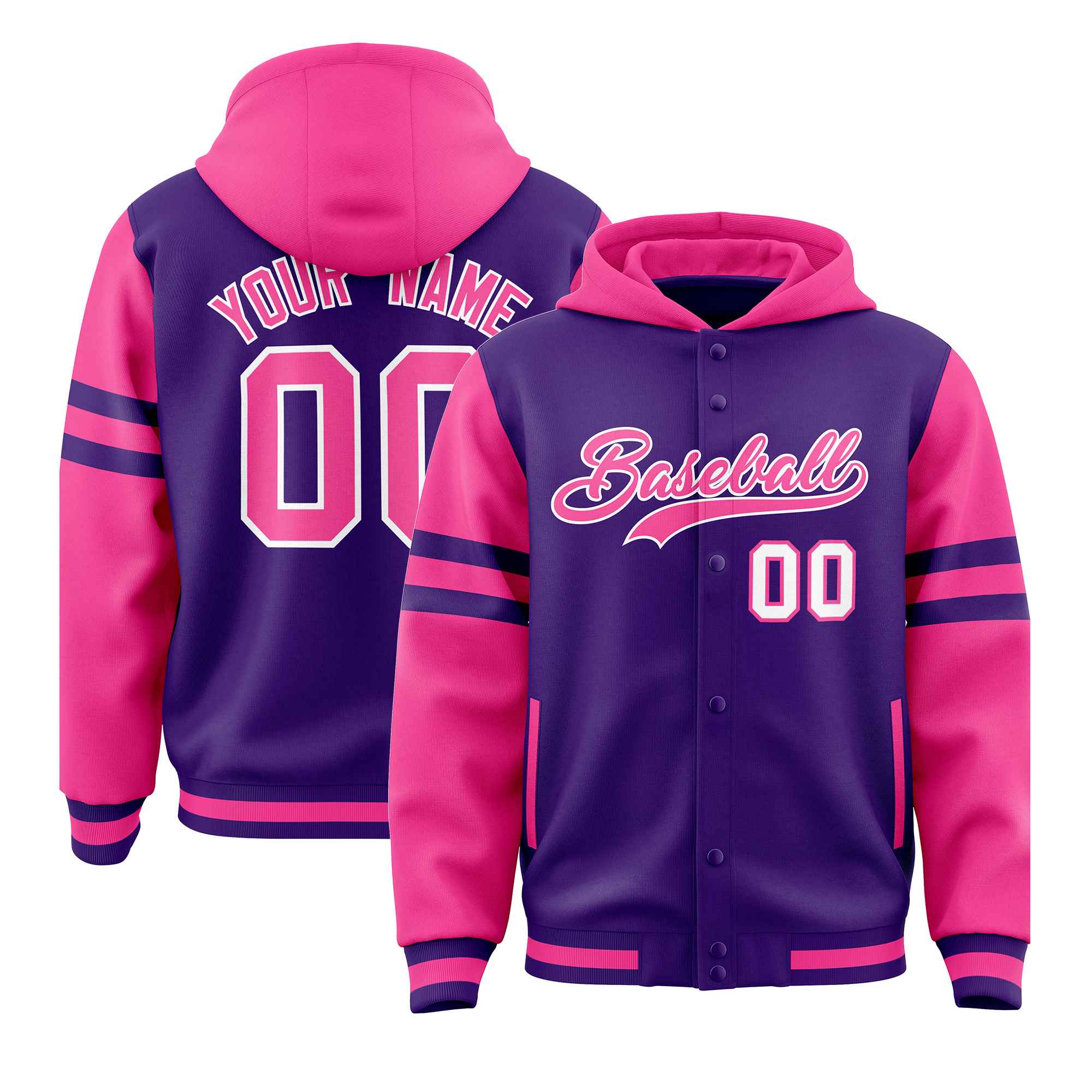 Custom Purple Pink Raglan Sleeves Varsity Full-Snap Letterman Three Stripes Hoodie Jacket