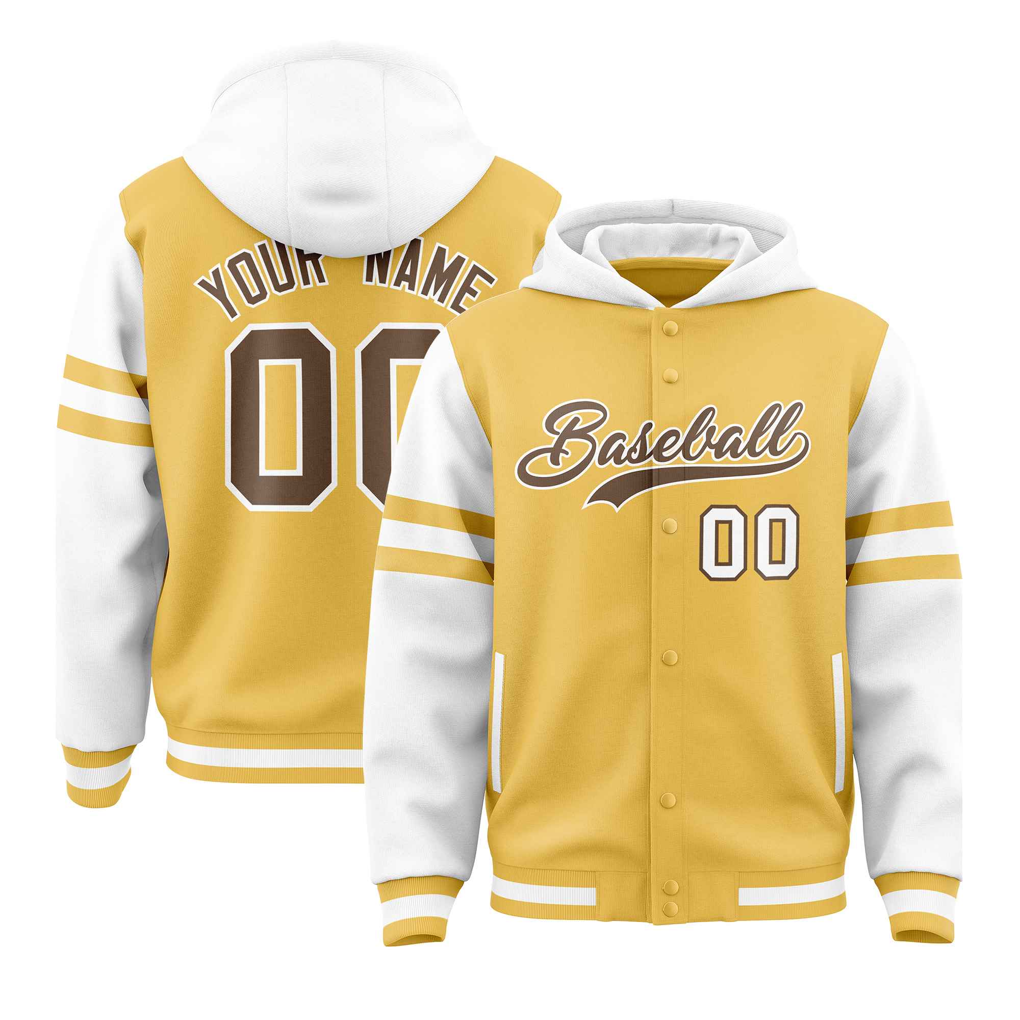 Custom Khaki White Raglan Sleeves Varsity Full-Snap Letterman Three Stripes Hoodie Jacket