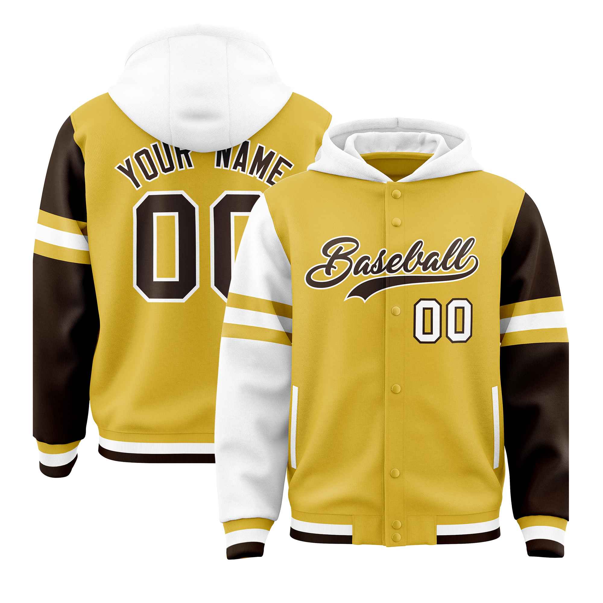 Custom Old Gold White-Brown Raglan Sleeves Varsity Full-Snap Letterman Three Stripes Hoodie Jacket