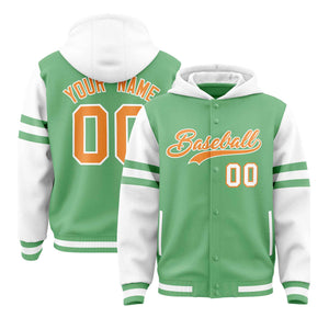 Custom Light Green White Raglan Sleeves Varsity Full-Snap Letterman Three Stripes Hoodie Jacket