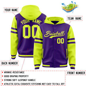 Custom Purple Fluorescent Green Raglan Sleeves Varsity Full-Snap Letterman Three Stripes Hoodie Jacket