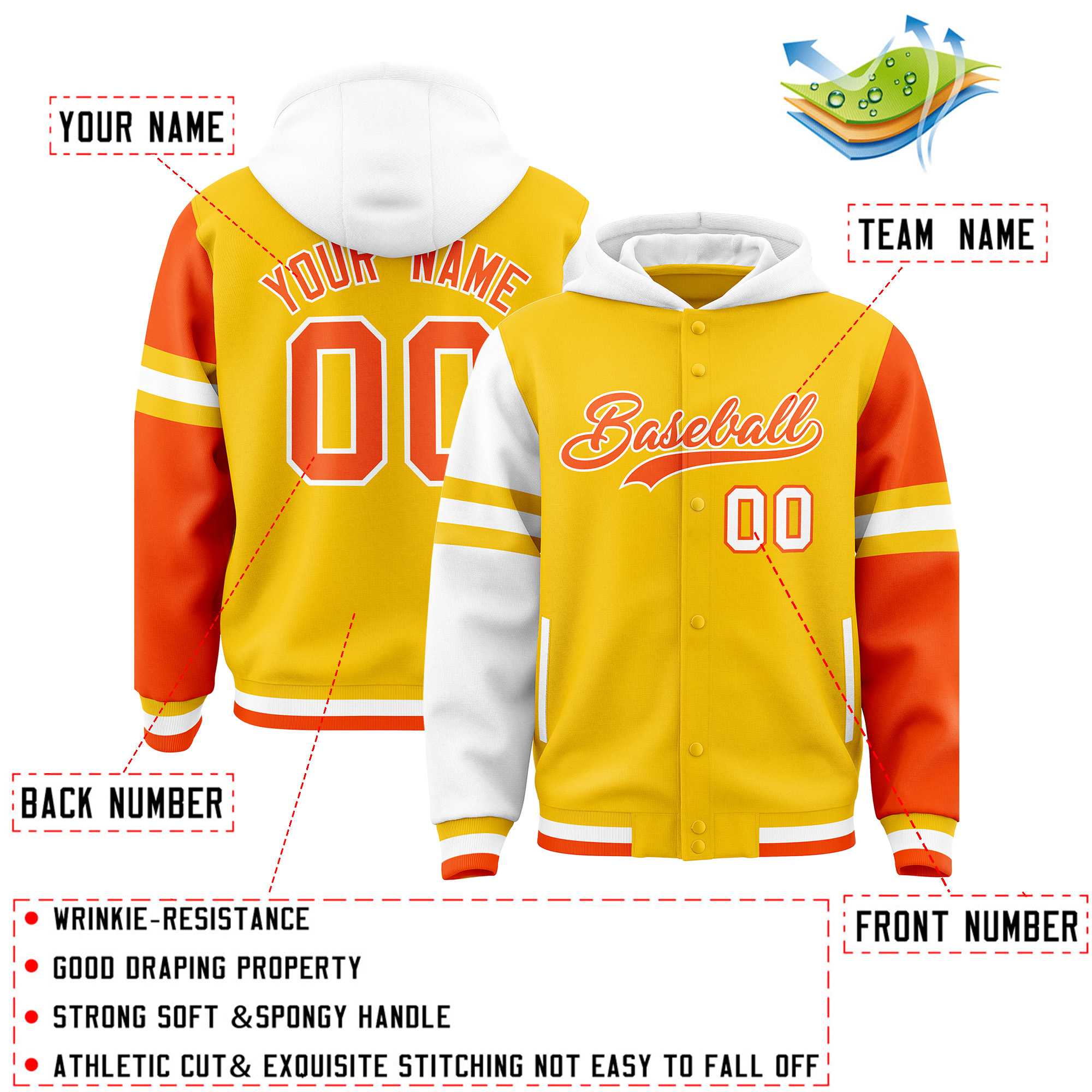 Custom Gold White-Orange Raglan Sleeves Varsity Full-Snap Letterman Three Stripes Hoodie Jacket