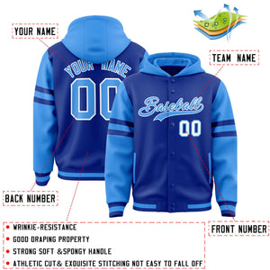 Custom Royal Powder Blue Raglan Sleeves Varsity Full-Snap Letterman Three Stripes Hoodie Jacket