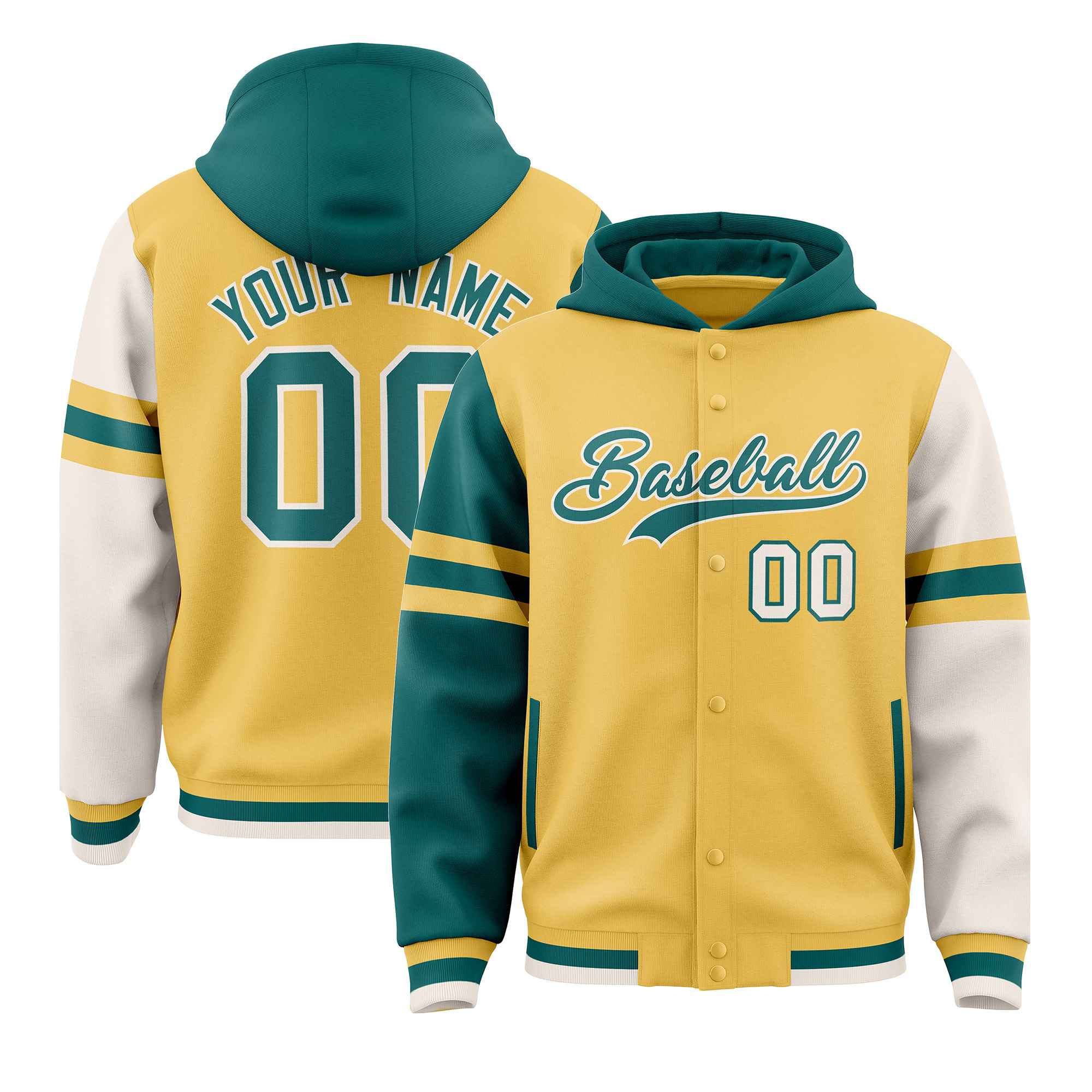 Custom Khaki Aqua-Cream Raglan Sleeves Varsity Full-Snap Letterman Three Stripes Hoodie Jacket