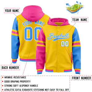 Custom Gold Pink-Powder Blue Raglan Sleeves Varsity Full-Snap Letterman Three Stripes Hoodie Jacket