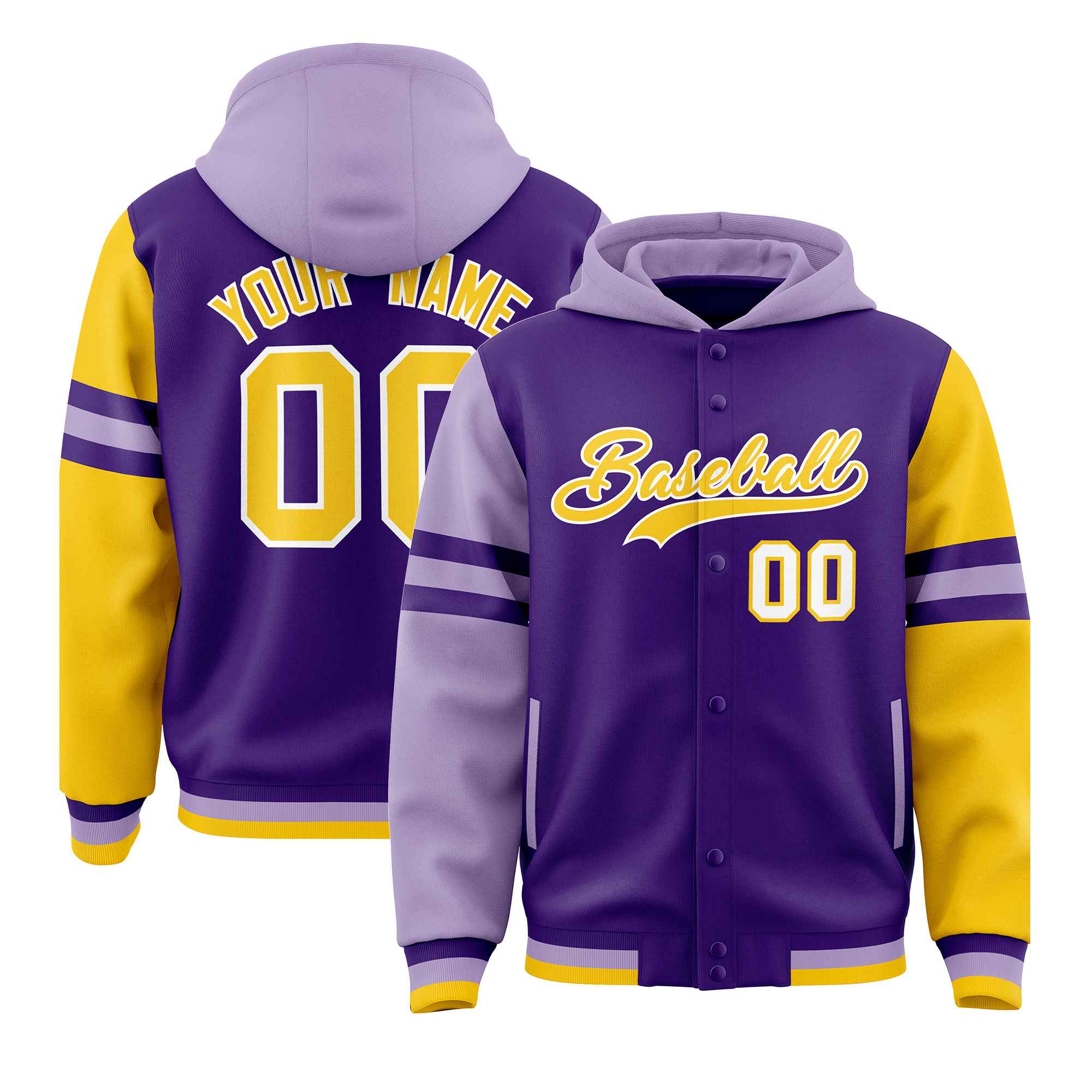 Custom Purple Light Purple-Gold Raglan Sleeves Varsity Full-Snap Letterman Three Stripes Hoodie Jacket