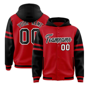 Custom Red Black Raglan Sleeves Varsity Full-Snap Letterman Three Stripes Hoodie Jacket