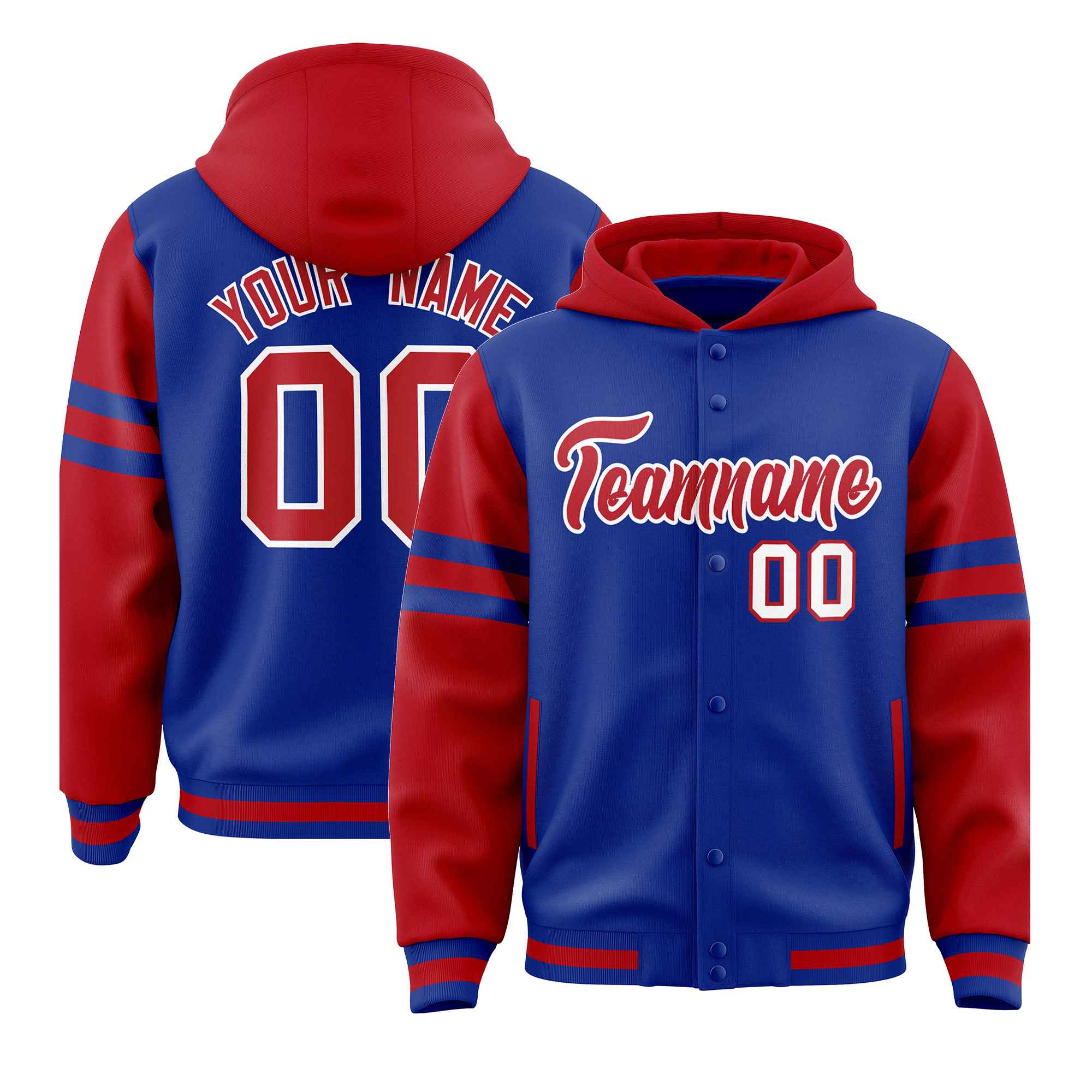 Custom Royal Red Raglan Sleeves Varsity Full-Snap Letterman Three Stripes Hoodie Jacket