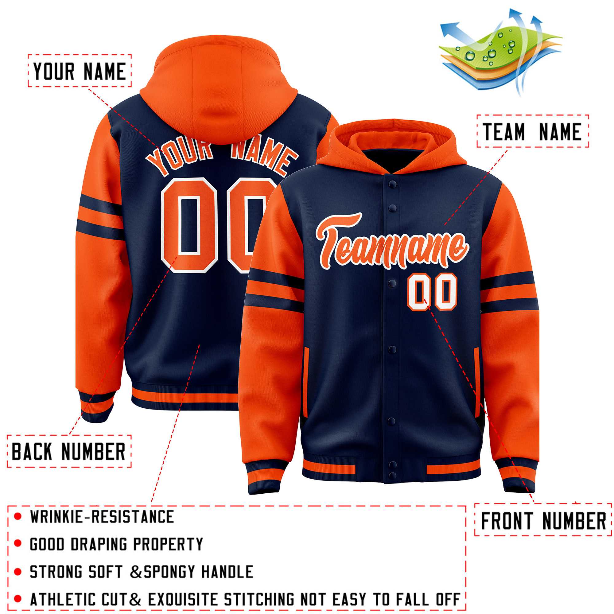 Custom Navy Orange Raglan Sleeves Varsity Full-Snap Letterman Three Stripes Hoodie Jacket