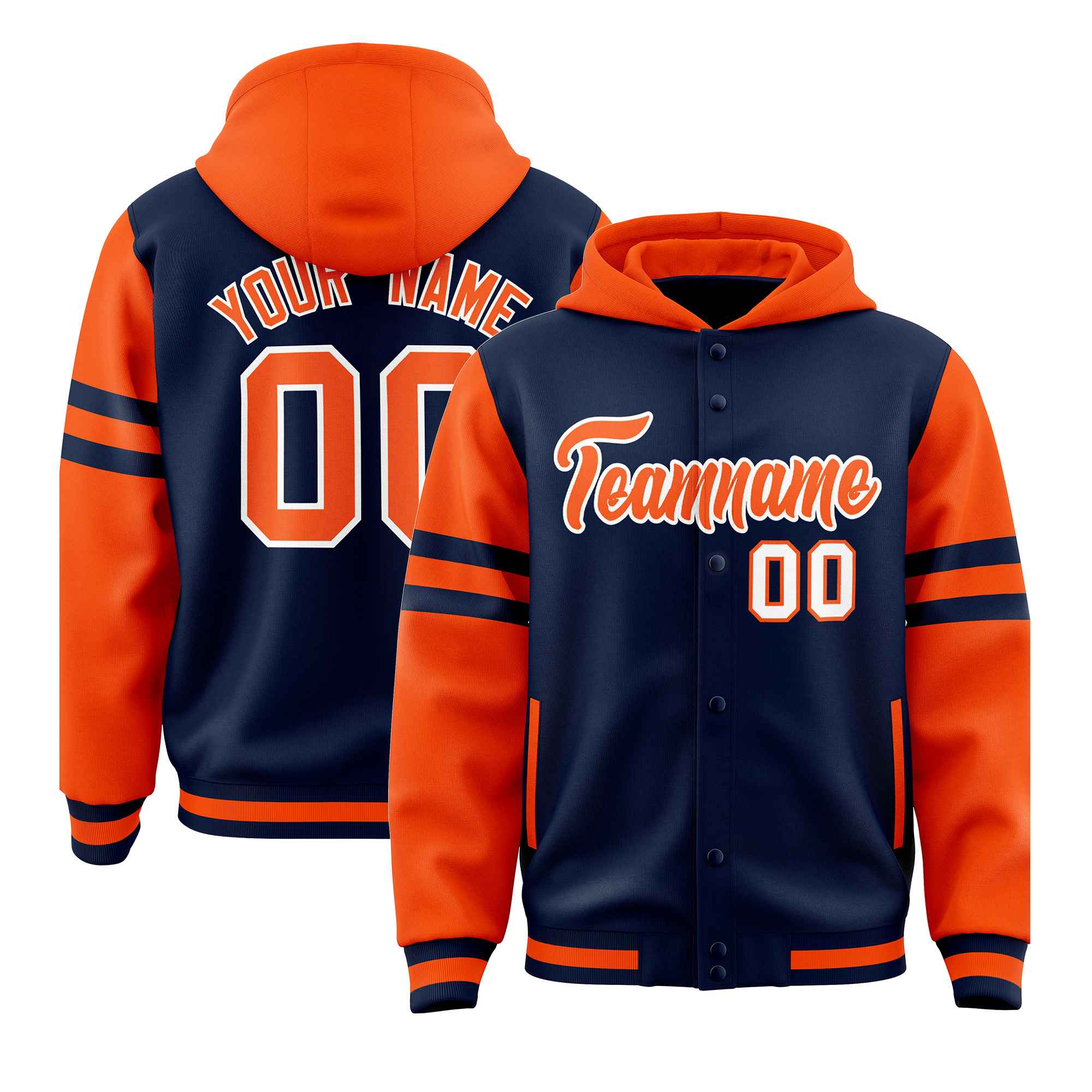 Custom Navy Orange Raglan Sleeves Varsity Full-Snap Letterman Three Stripes Hoodie Jacket