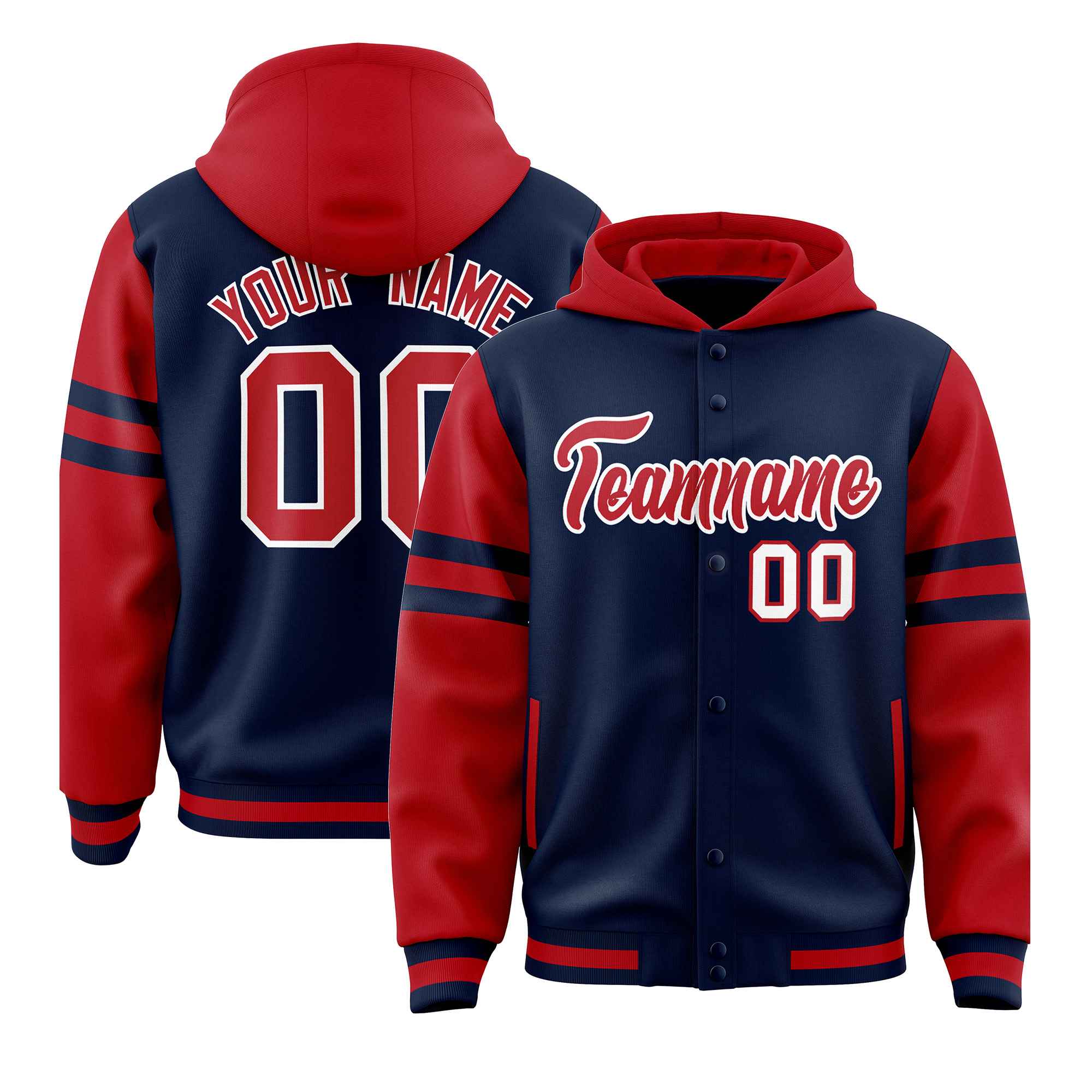 Custom Navy Red Raglan Sleeves Varsity Full-Snap Letterman Three Stripes Hoodie Jacket