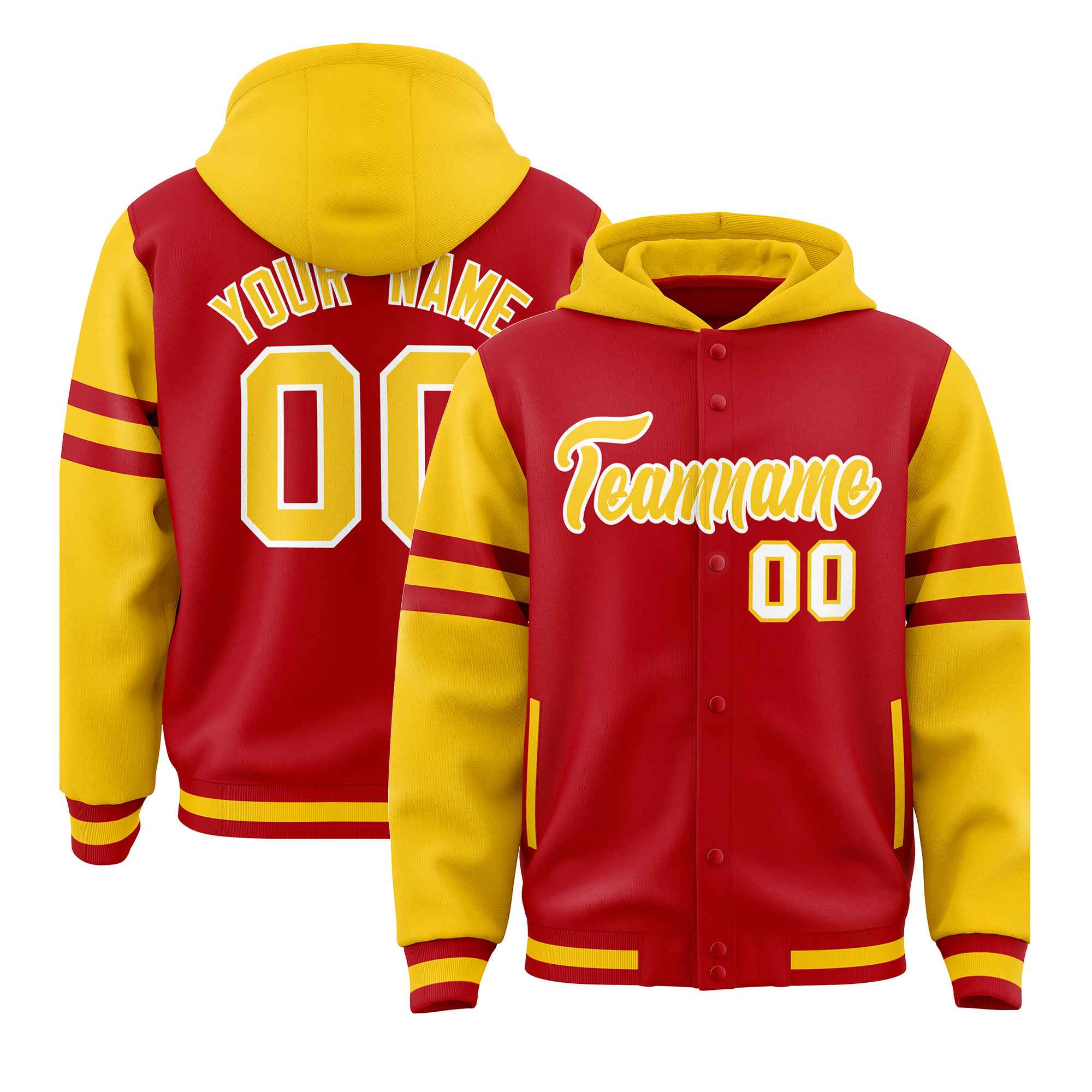 Custom Red Gold Raglan Sleeves Varsity Full-Snap Letterman Three Stripes Hoodie Jacket