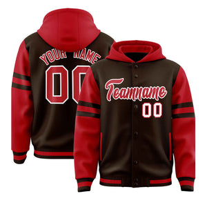 Custom Brown Red Raglan Sleeves Varsity Full-Snap Letterman Three Stripes Hoodie Jacket