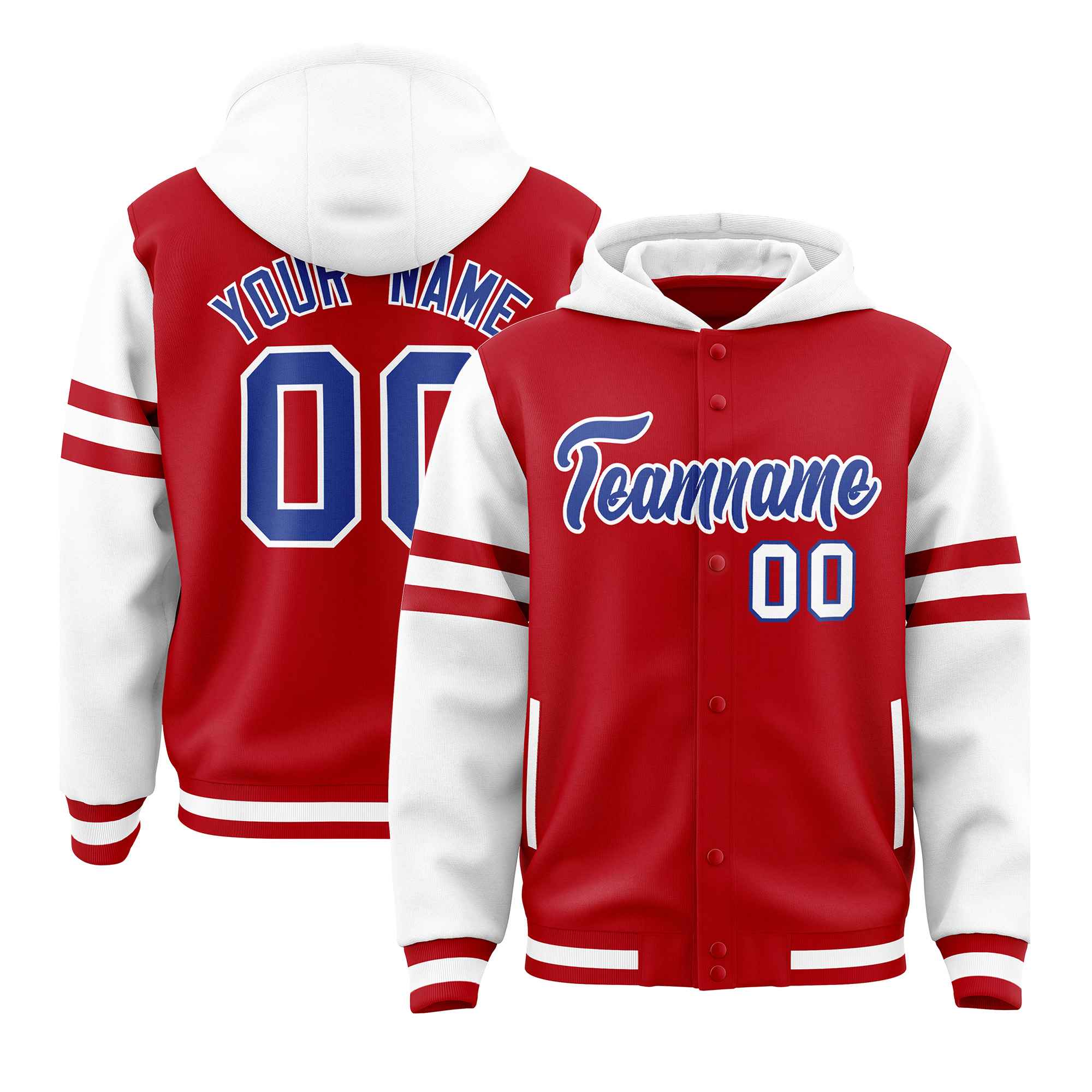 Custom Red White Raglan Sleeves Varsity Full-Snap Letterman Three Stripes Hoodie Jacket