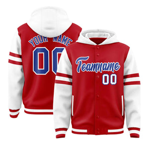 Custom Red White Raglan Sleeves Varsity Full-Snap Letterman Three Stripes Hoodie Jacket