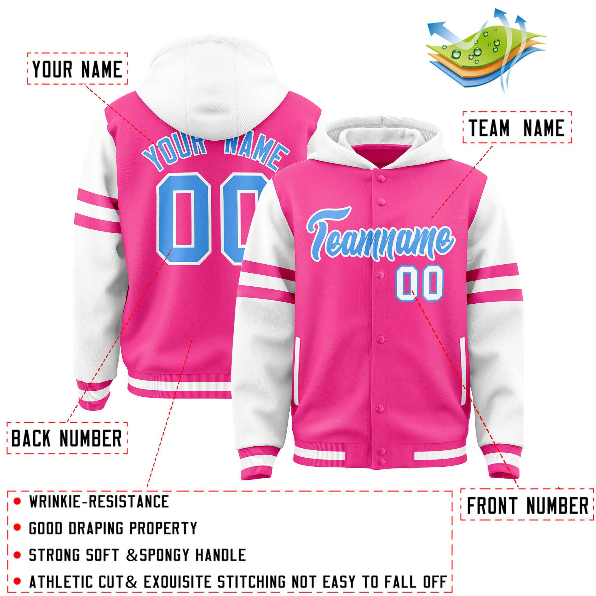 Custom Pink White Raglan Sleeves Varsity Full-Snap Letterman Three Stripes Hoodie Jacket