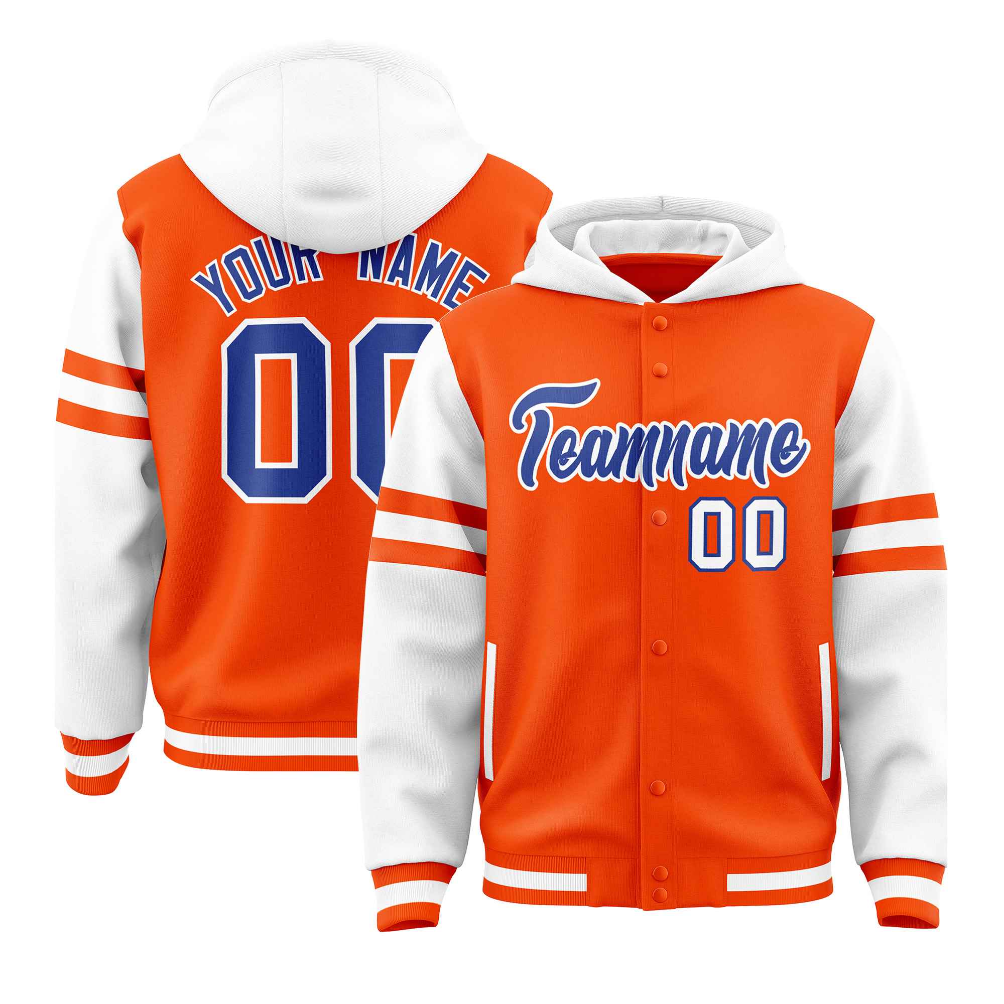 Custom Orange White Raglan Sleeves Varsity Full-Snap Letterman Three Stripes Hoodie Jacket