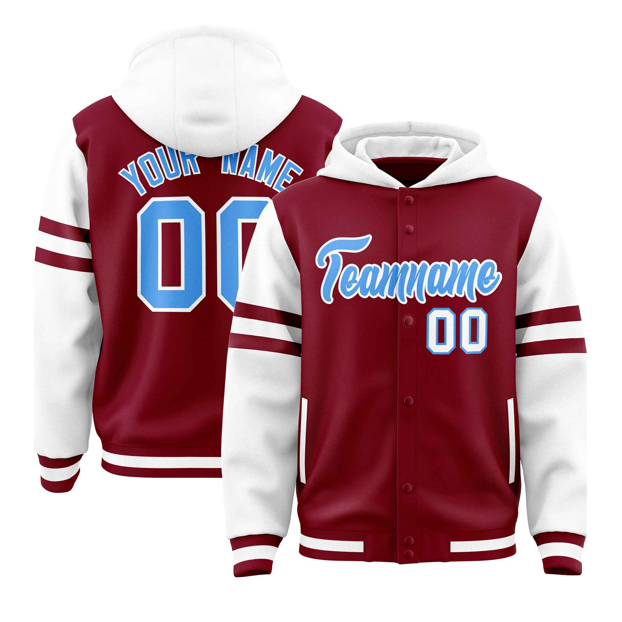 Custom Crimson White Raglan Sleeves Varsity Full-Snap Letterman Three Stripes Hoodie Jacket