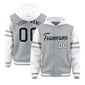 Custom Silver White Raglan Sleeves Varsity Full-Snap Letterman Three Stripes Hoodie Jacket