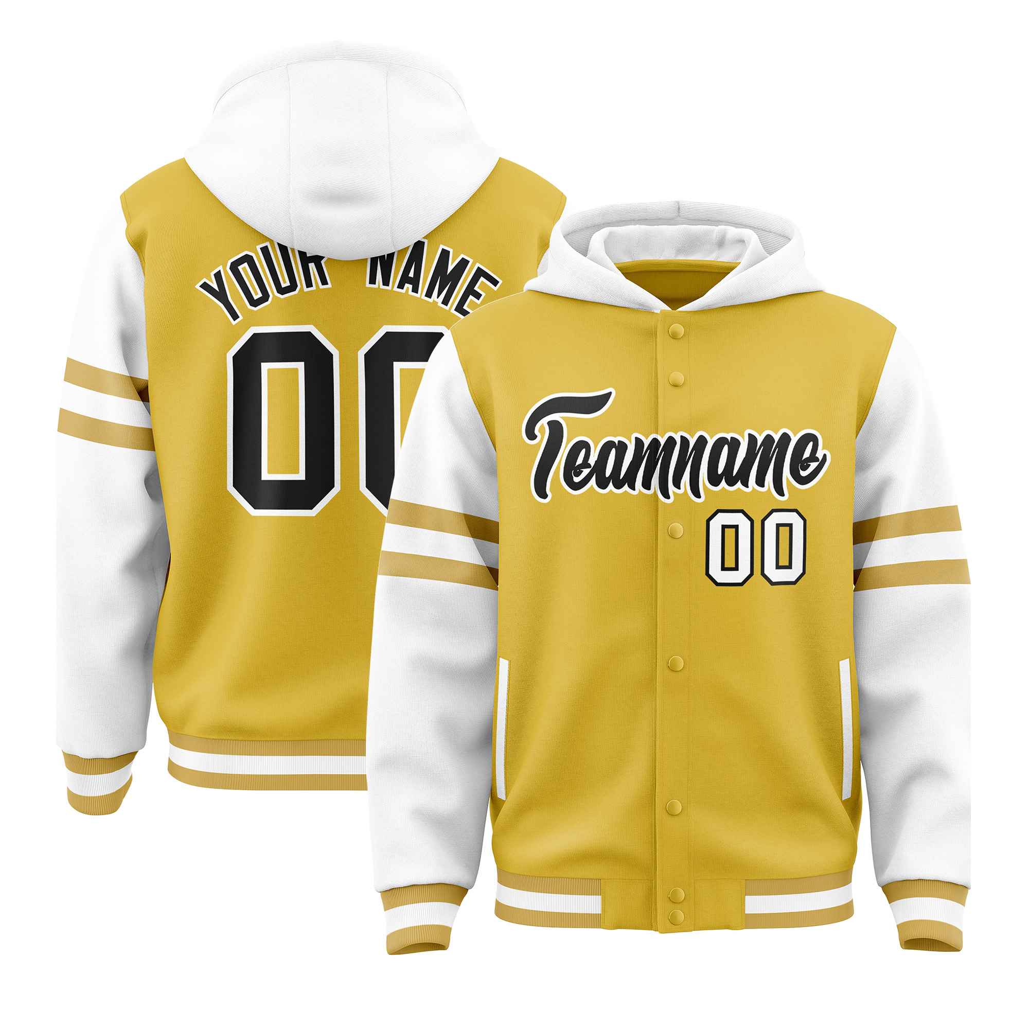 Custom Old Gold White Raglan Sleeves Varsity Full-Snap Letterman Three Stripes Hoodie Jacket