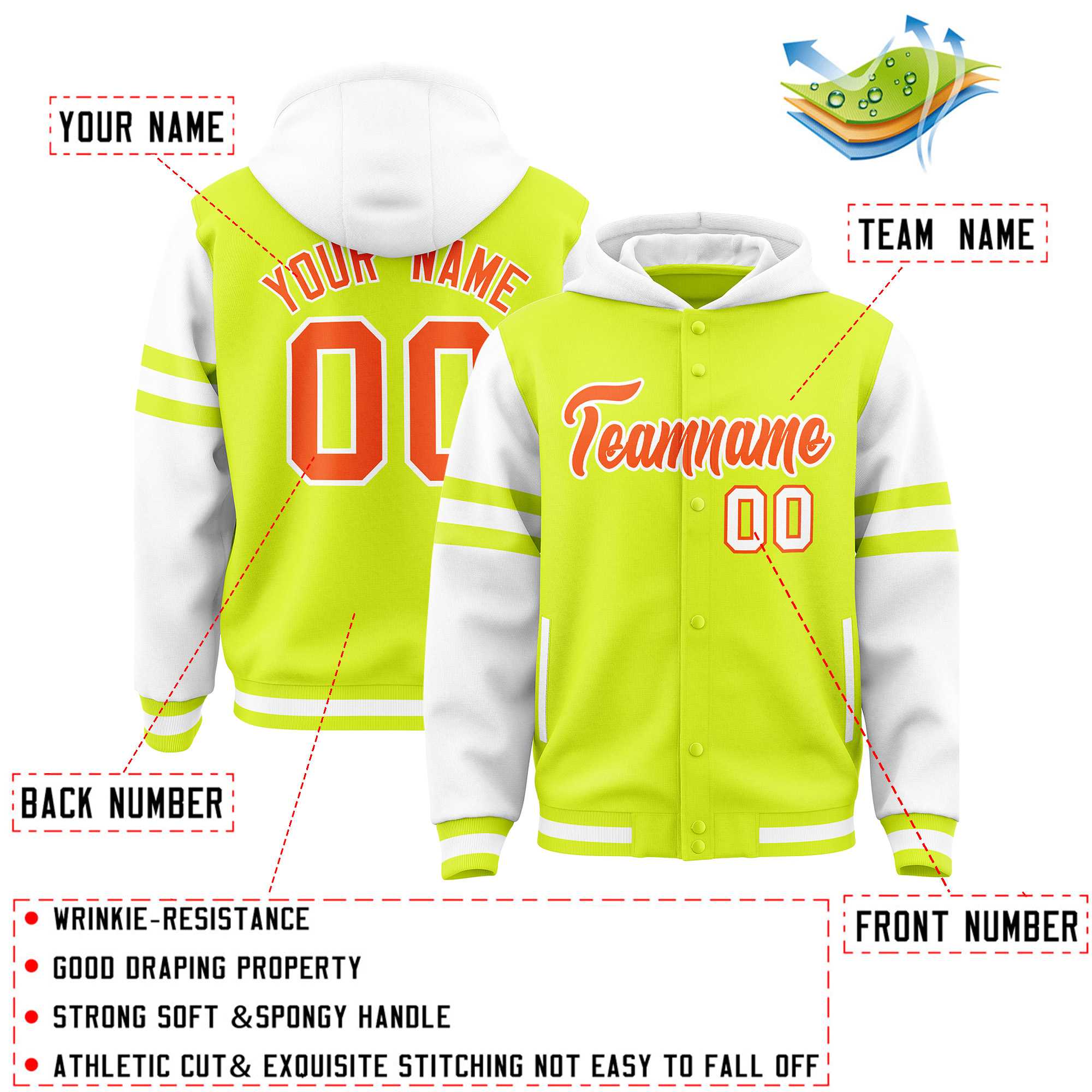 Custom Fluorescent Green White Raglan Sleeves Varsity Full-Snap Letterman Three Stripes Hoodie Jacket