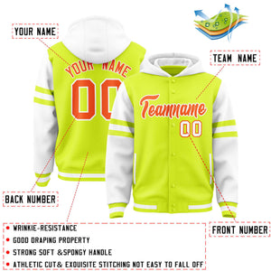 Custom Fluorescent Green White Raglan Sleeves Varsity Full-Snap Letterman Three Stripes Hoodie Jacket