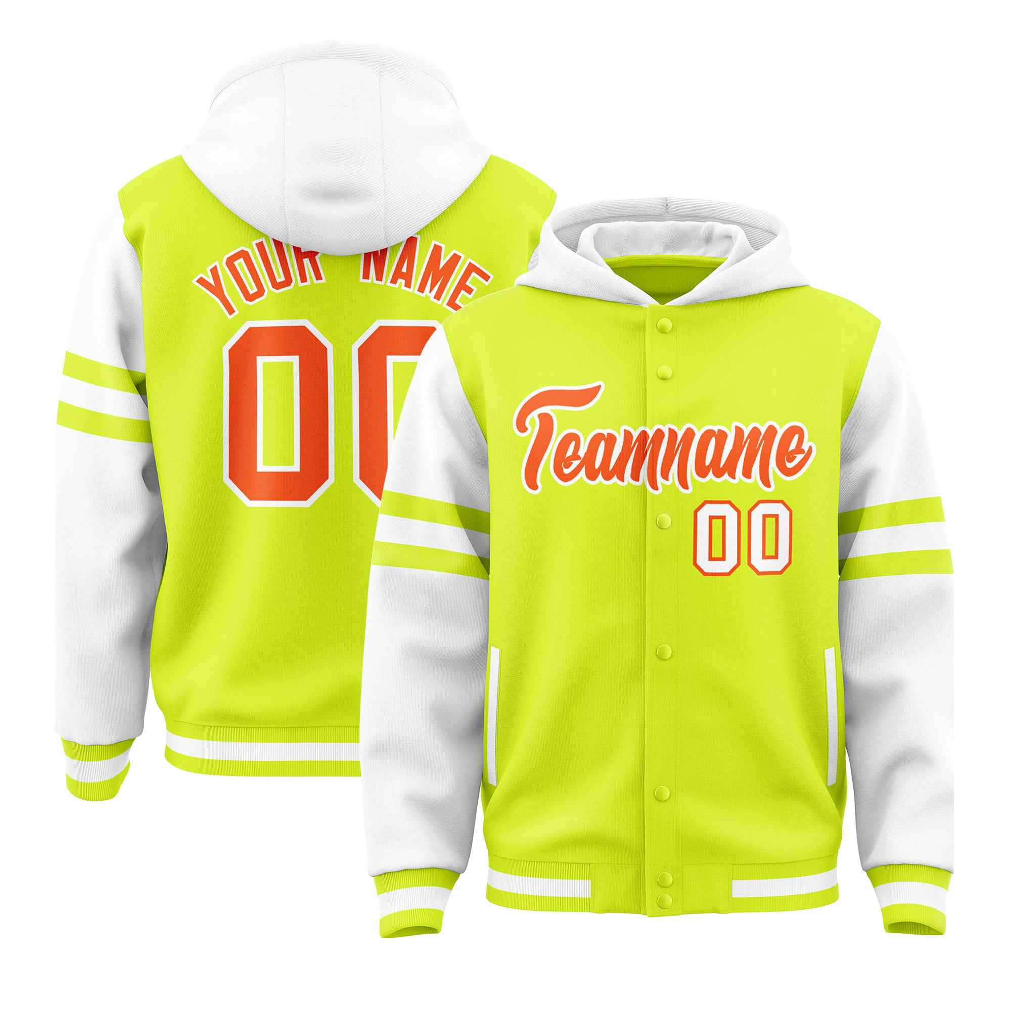 Custom Fluorescent Green White Raglan Sleeves Varsity Full-Snap Letterman Three Stripes Hoodie Jacket