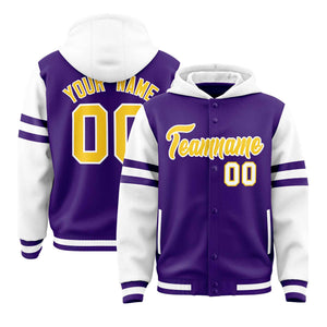 Custom Purple White Raglan Sleeves Varsity Full-Snap Letterman Three Stripes Hoodie Jacket