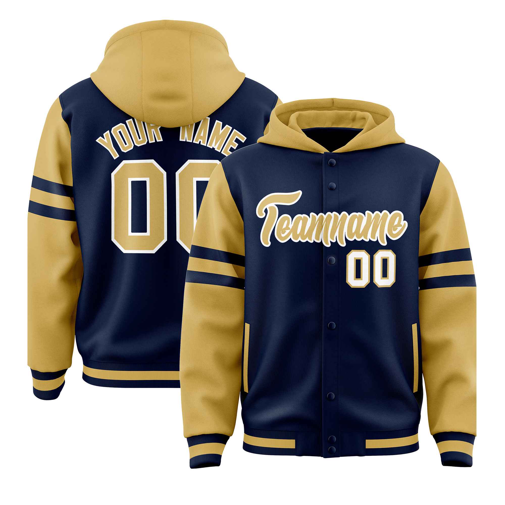 Custom Navy Old Gold Raglan Sleeves Varsity Full-Snap Letterman Three Stripes Hoodie Jacket