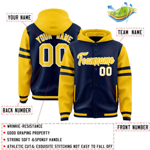 Custom Navy Gold Raglan Sleeves Varsity Full-Snap Letterman Three Stripes Hoodie Jacket