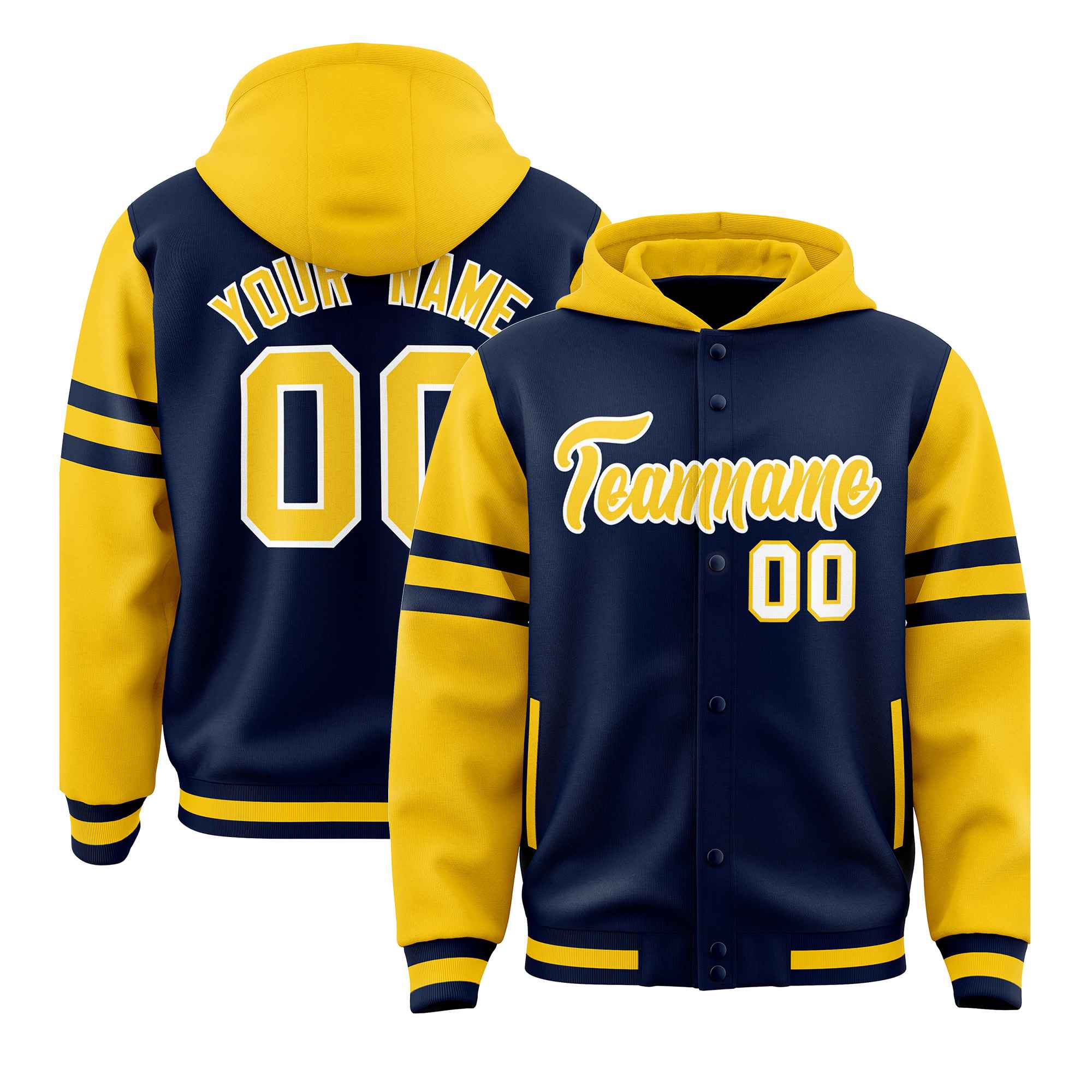 Custom Navy Gold Raglan Sleeves Varsity Full-Snap Letterman Three Stripes Hoodie Jacket