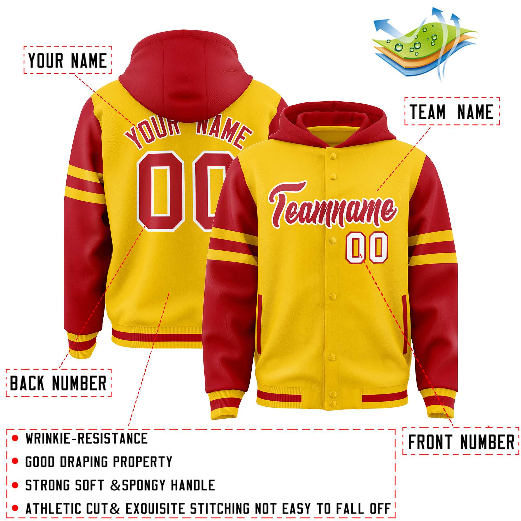 Custom Gold Red Raglan Sleeves Varsity Full-Snap Letterman Three Stripes Hoodie Jacket