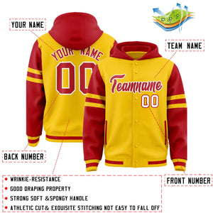 Custom Gold Red Raglan Sleeves Varsity Full-Snap Letterman Three Stripes Hoodie Jacket